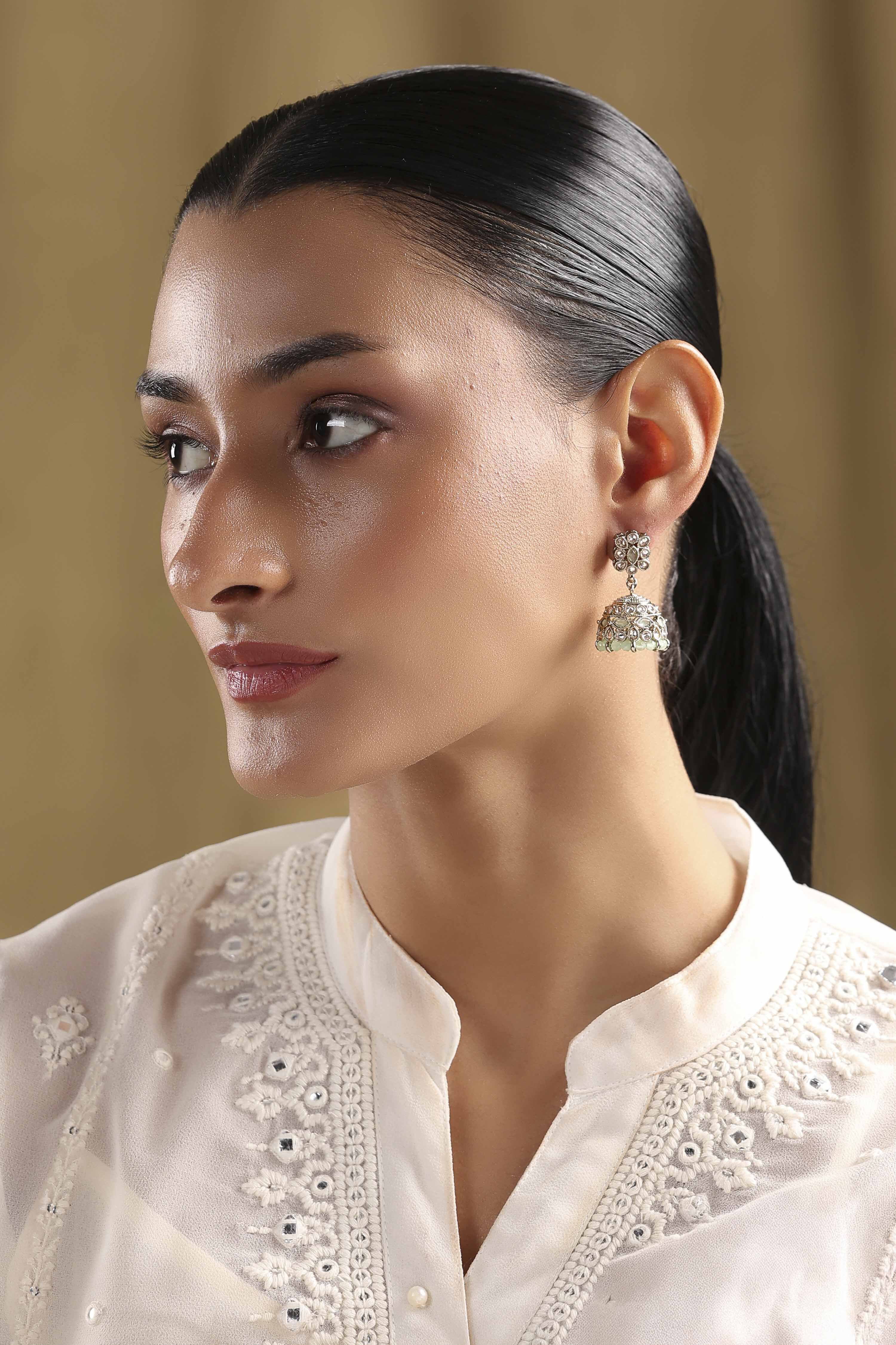 Mint Green Gold Plated Alloy Studded Jhumkas image number 3