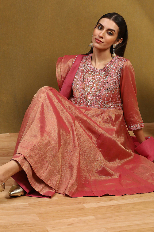 Old Rose-Toned Zari Cotton Embroidered Anarkali Suit Set image number 0