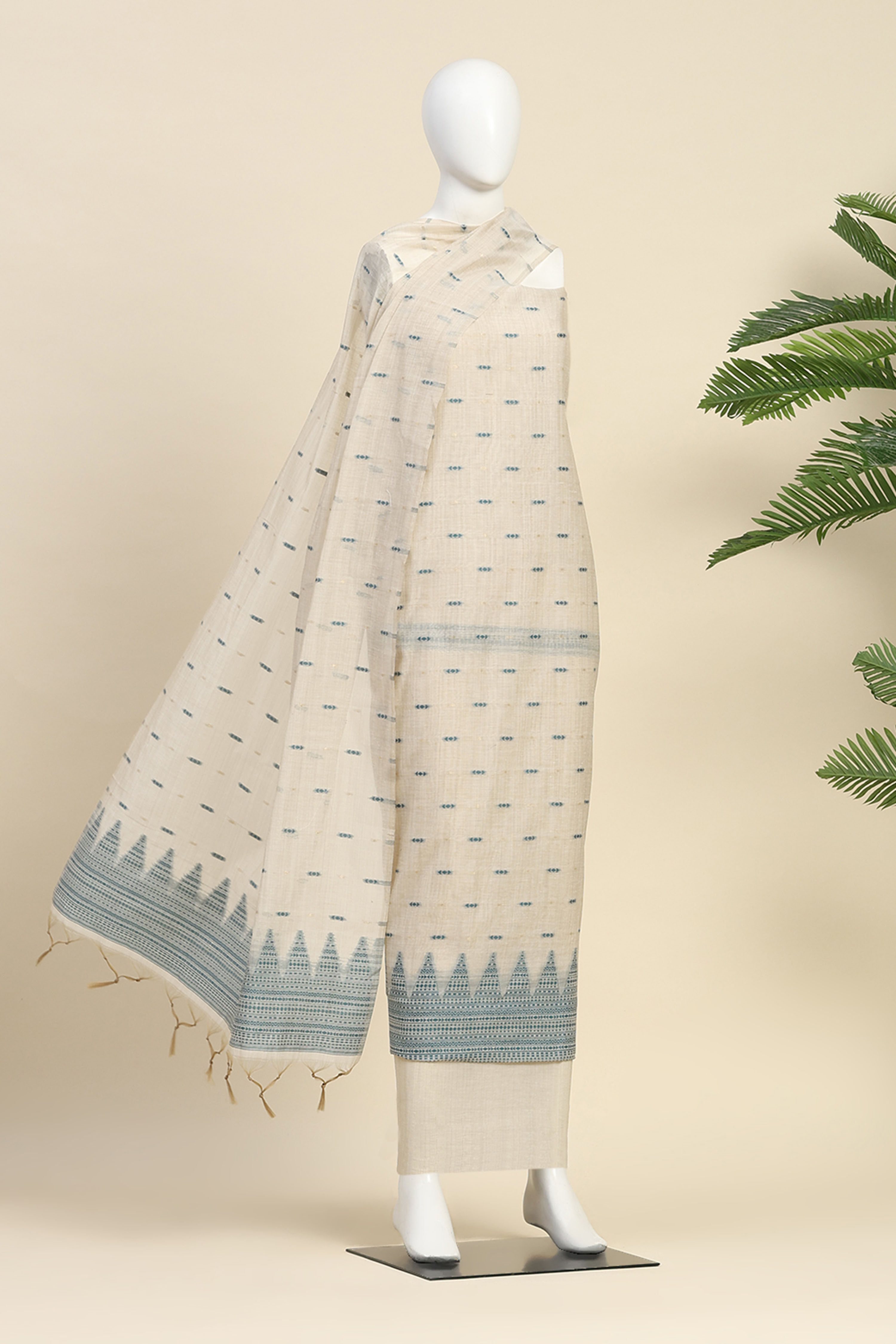 Teal Chanderi Printed Unstitched Suit Set image number 4