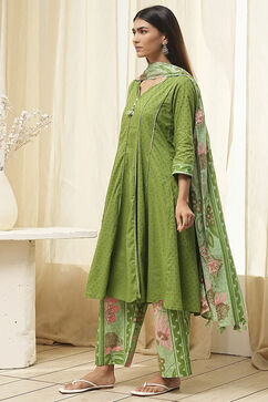 Green Cotton Yarn-Dyed Kalidar Suit Set image number 3