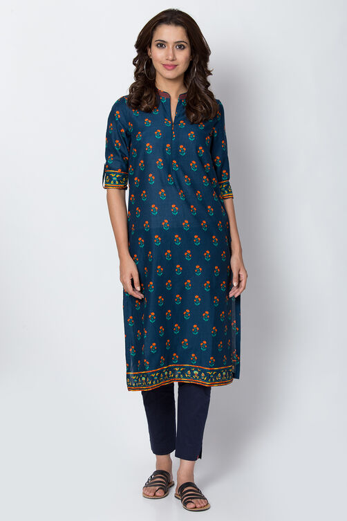 Navy Blue Cotton Straight Printed Kurta image number 0