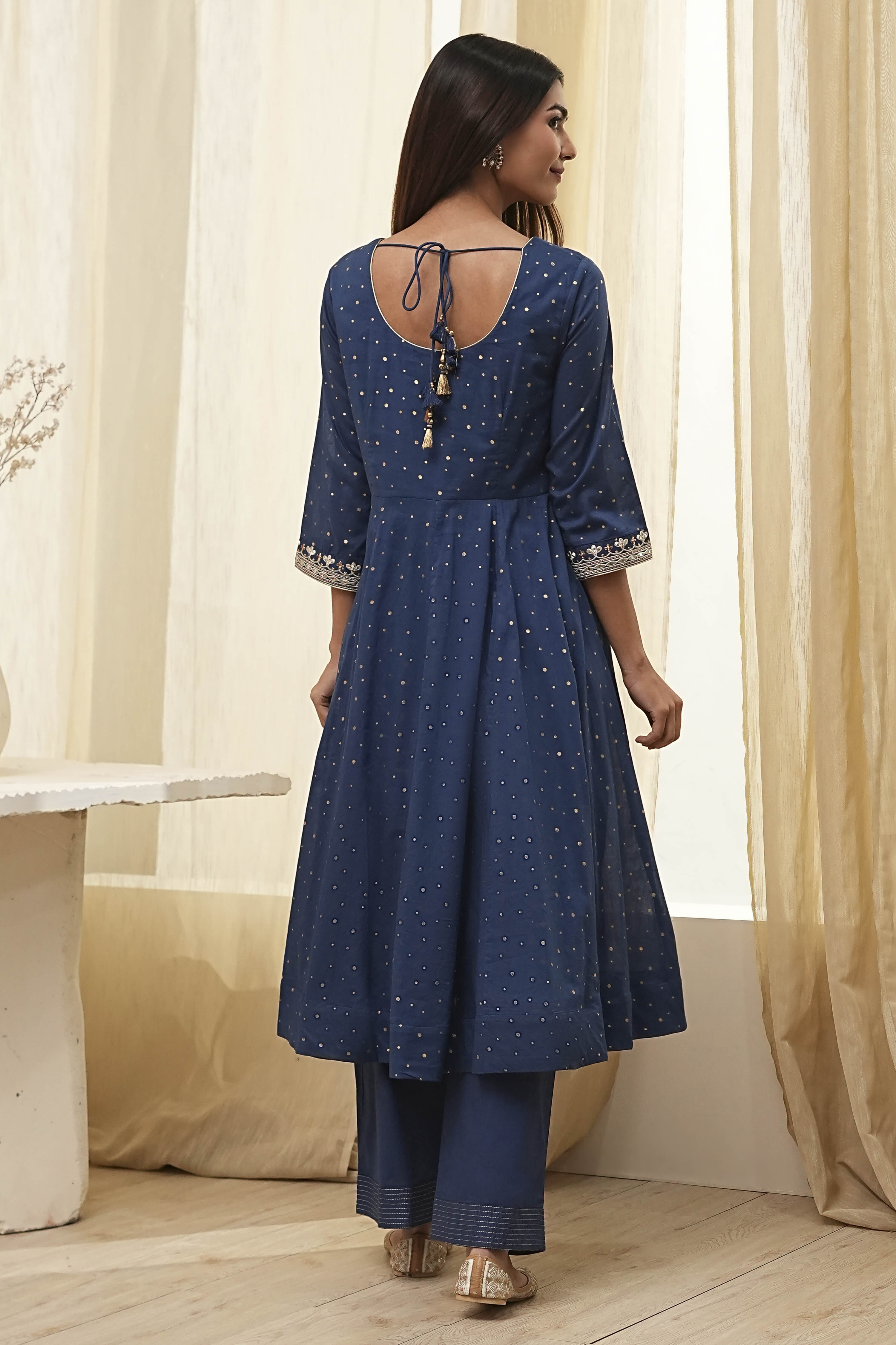 Blue Cotton Foil Printed Anarkali Suit Set image number 4