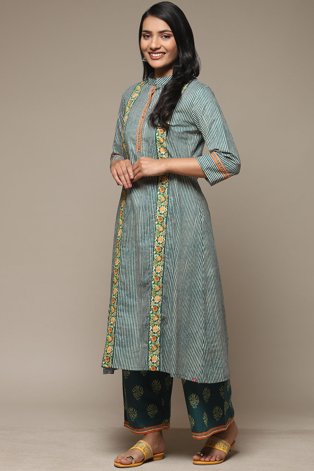 Teal Cotton A-Line Kurta Palazzo Suit Set image number 3