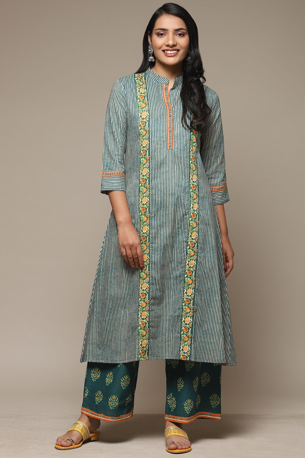 Teal Cotton A-Line Kurta Palazzo Suit Set image number 6