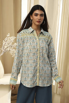 Blue Cotton Printed Straight Shirt image number 5
