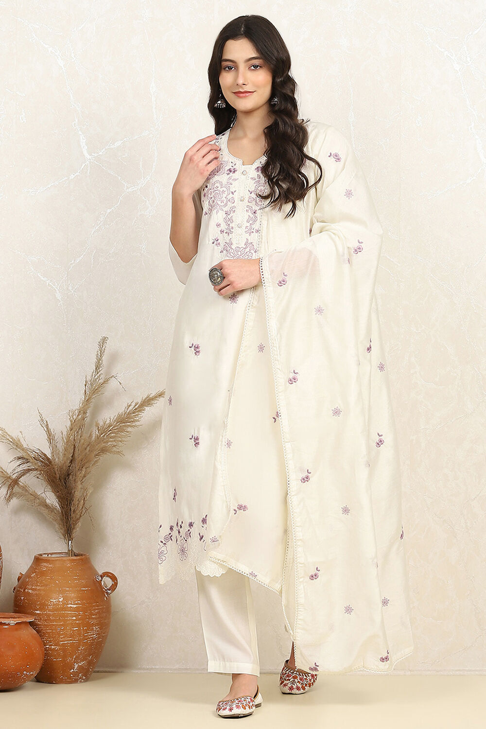 White Silk Blend Unstitched Suit Set image number 1