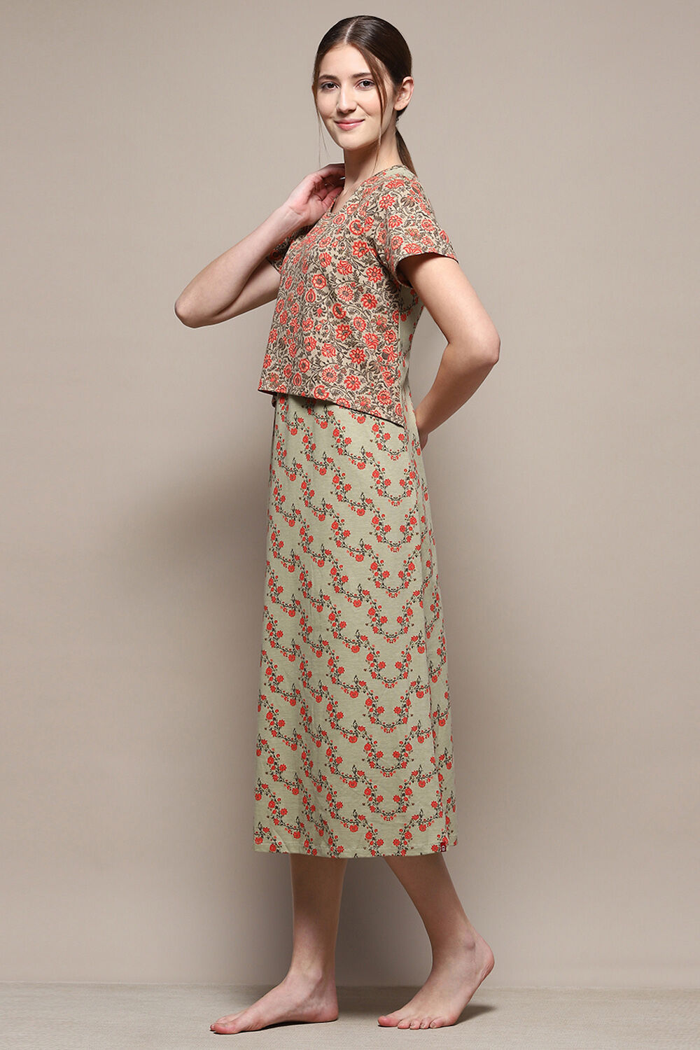 Sage Green Cotton Blend Printed Nightdress image number 2