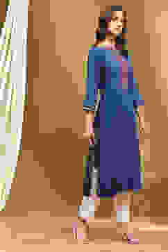 Blue Straight Rayon Kurta image number 4