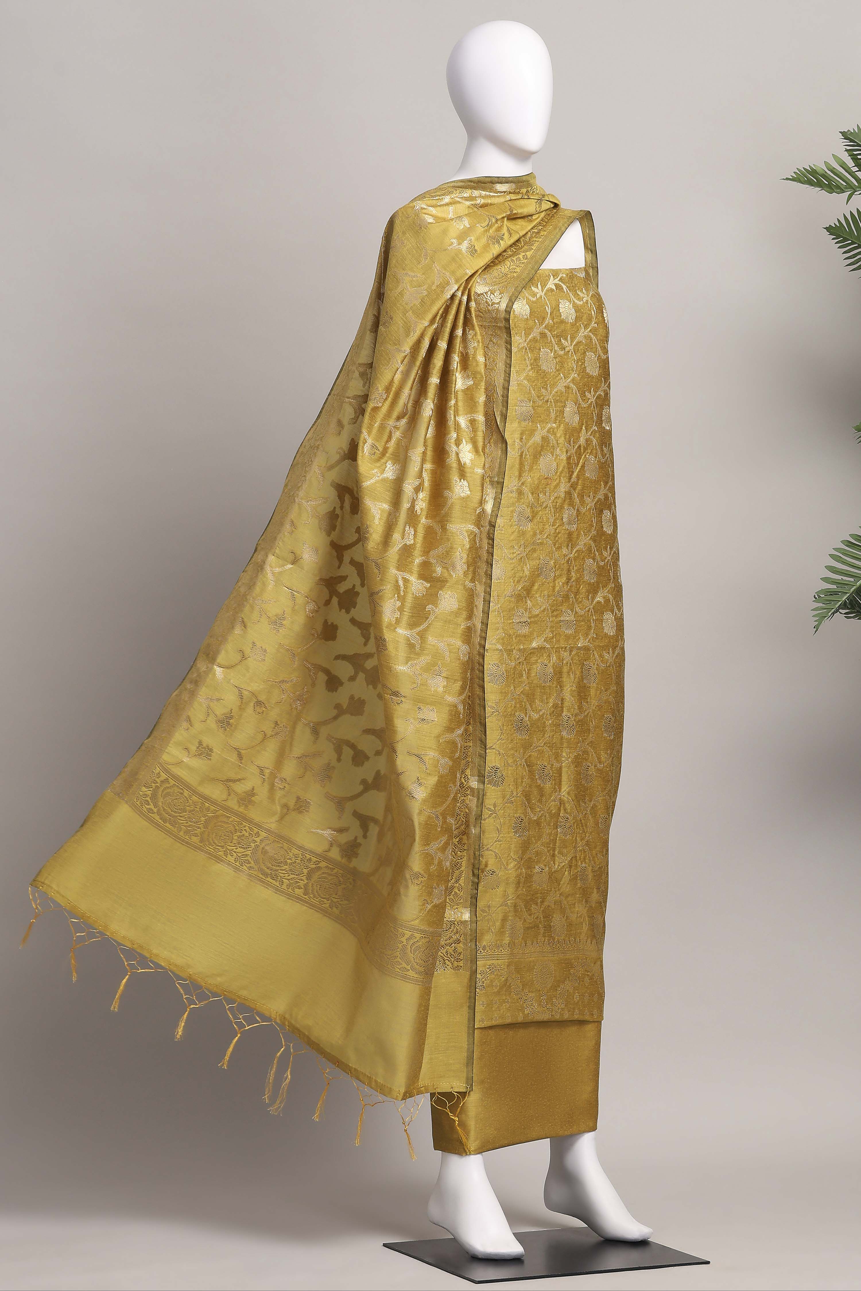 Rani Banarasi Chanderi Banarasi Print Unstitched Suit Set image number 4