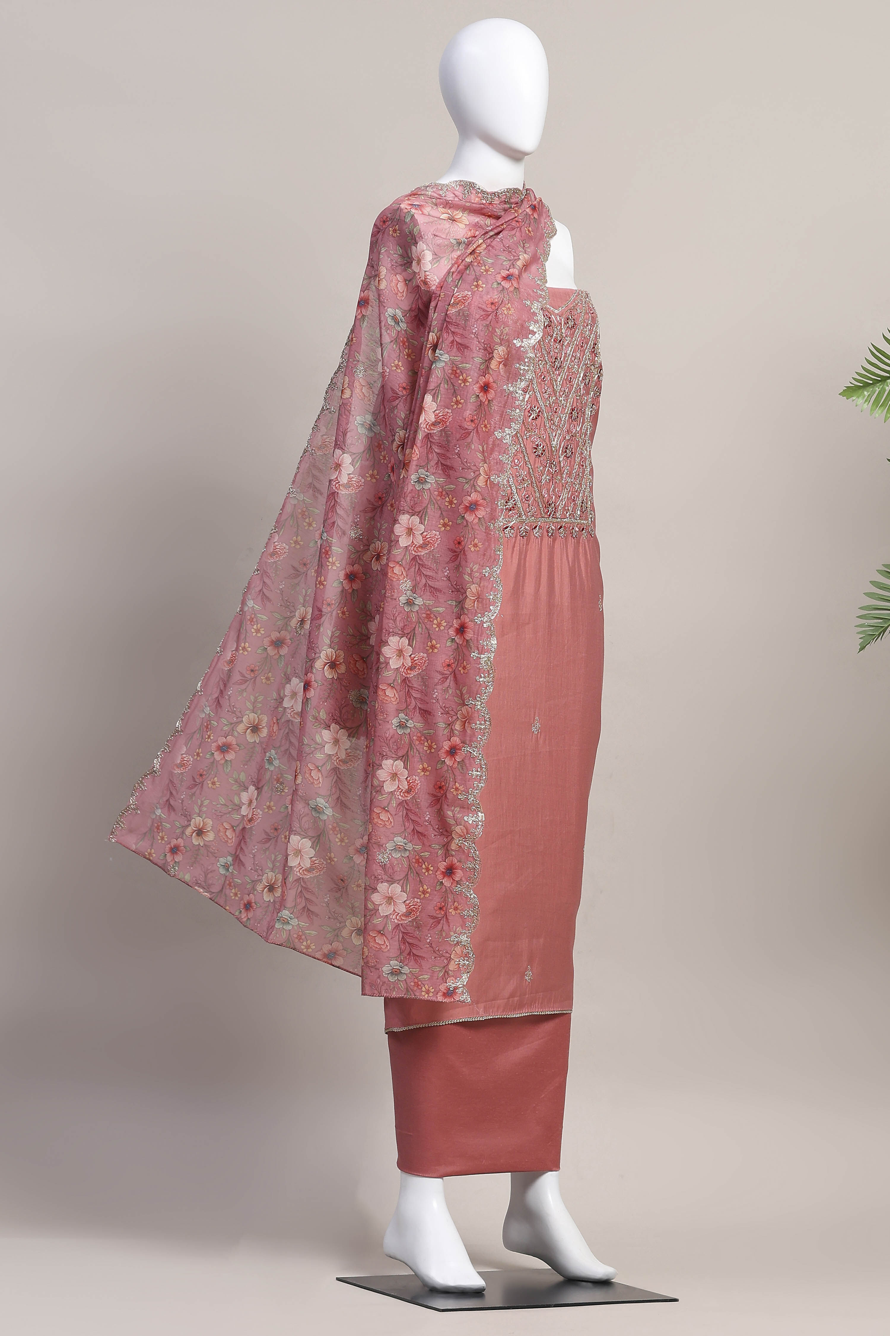 Teal Chanderi Unstitched Suit Set image number 4