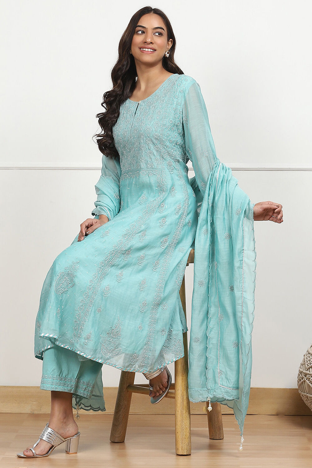 Powder Blue Silk Chanderi Embroidered Kalidar Suit Set image number 0