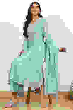 Powder Blue Silk Chanderi Embroidered Kalidar Suit Set image number 0