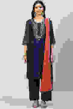 Navy Blue Art Silk Straight Kurta Palazzo Suit Set image number 8