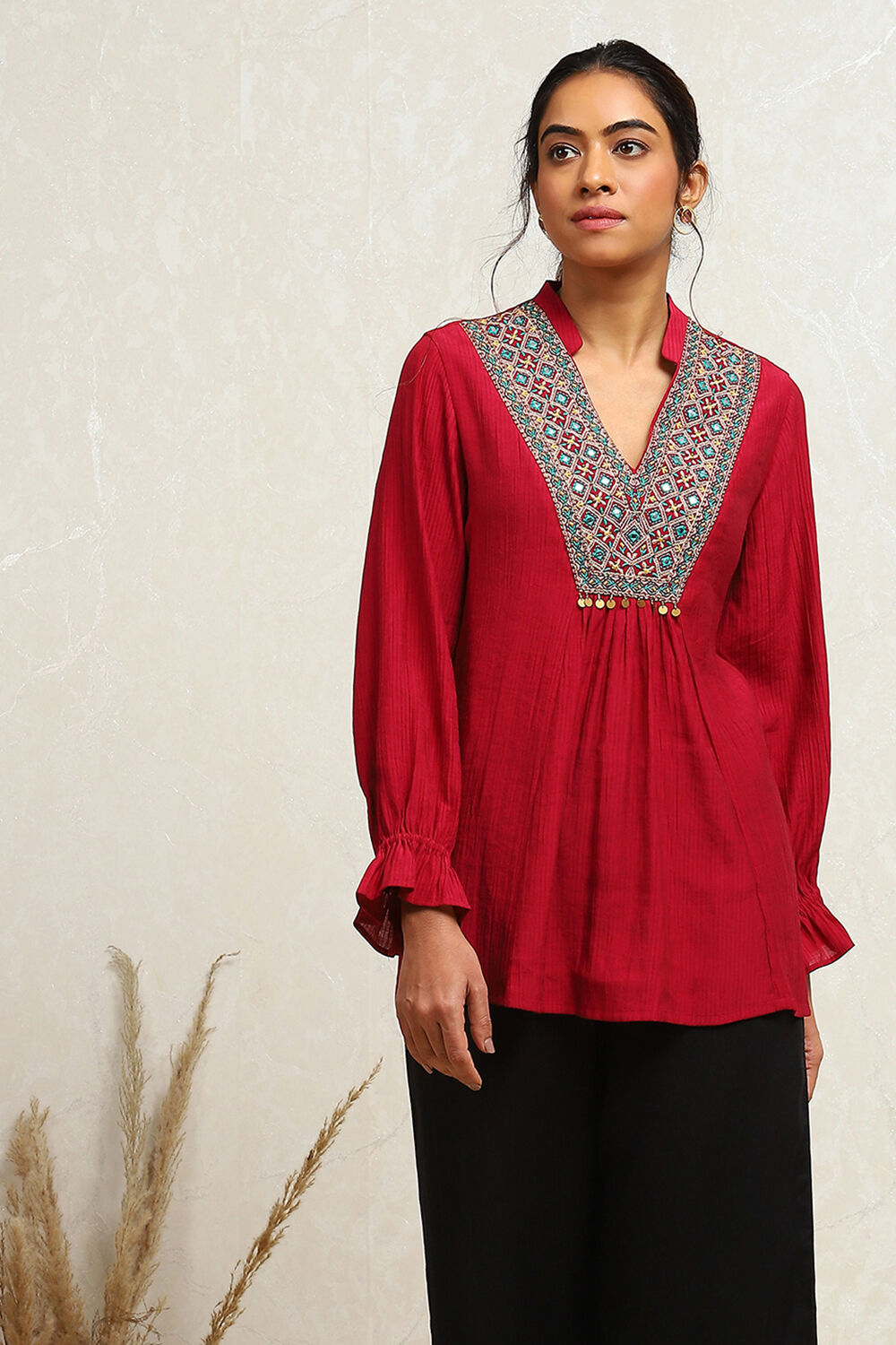 Berry Red Embroidered A-Line Kurti image number 0