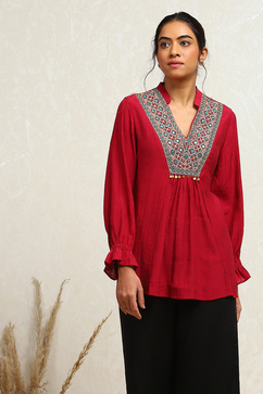 Berry Red Embroidered A-Line Kurti