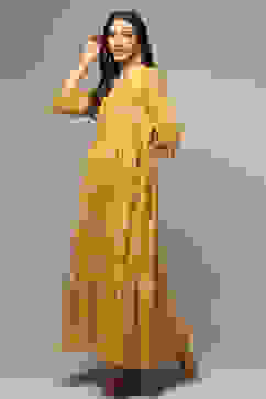 Golden Yellow Cotton Blend Tiered Printed Dress image number 3