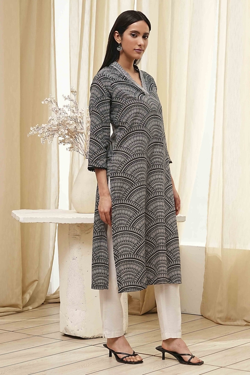 Black Cotton Printed Straight Kurta image number 4