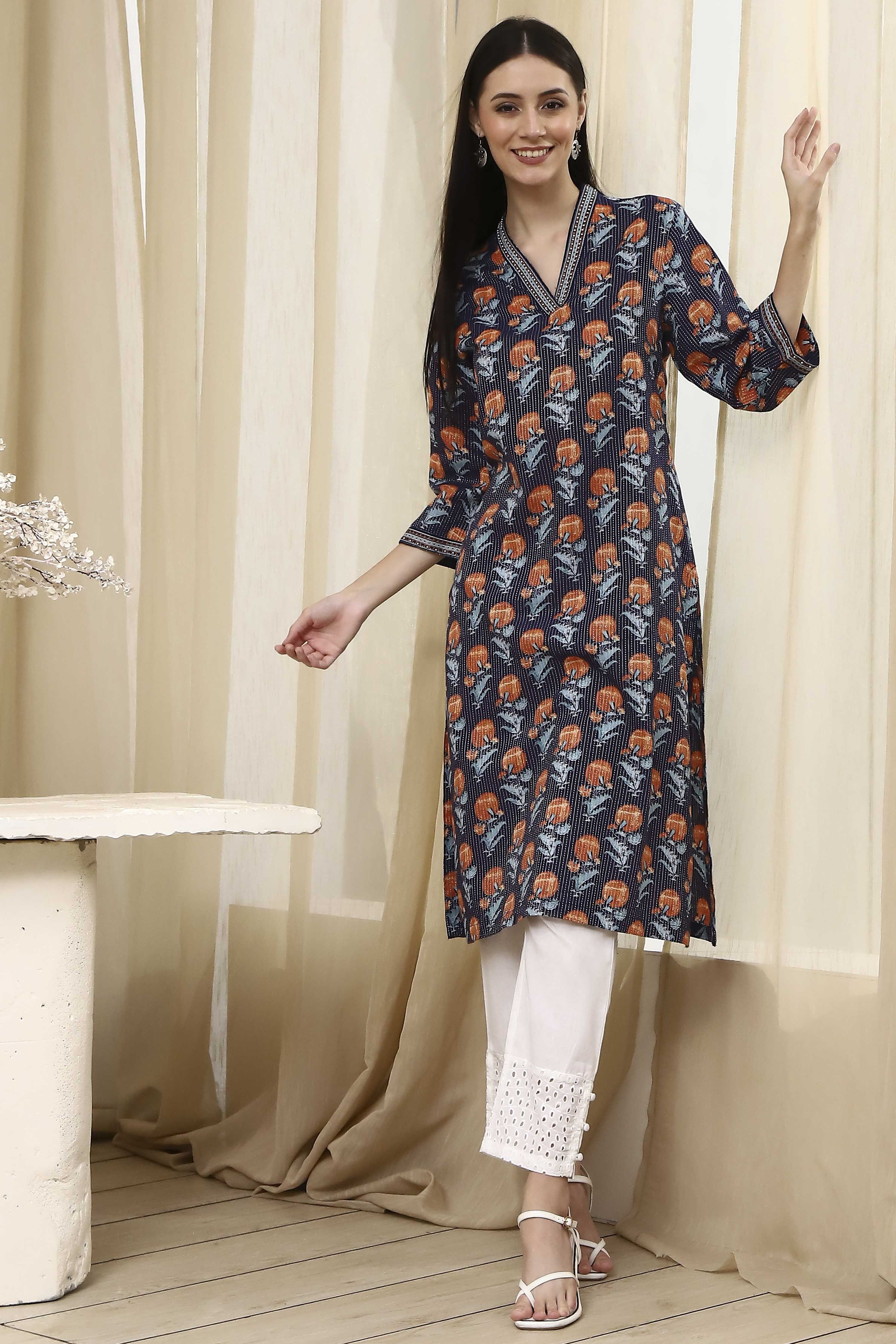 Blue Cotton Printed Straight Kurta image number 0