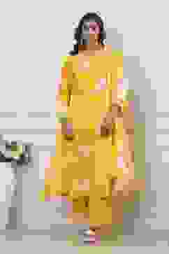 Yellow Floral Printed Straight Suit Set image number 6