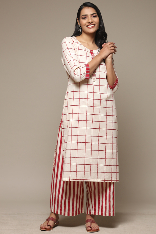 Natural & Blue Cotton Blend Straight Kurta Palazzo Suit Set image number 0