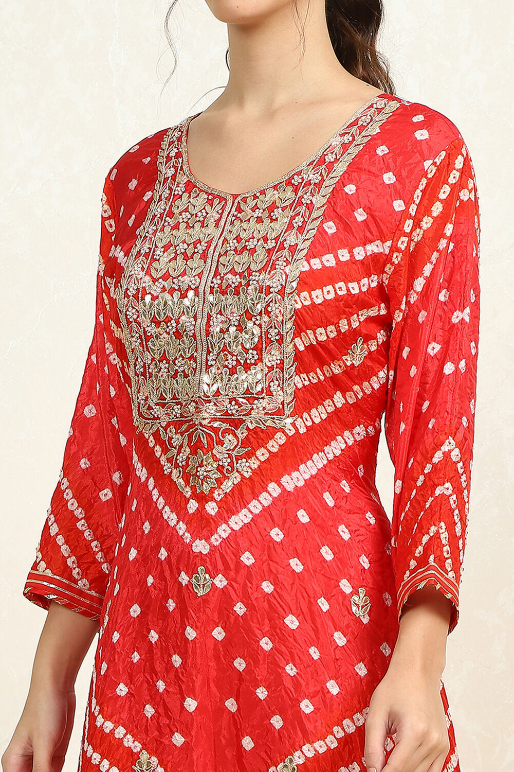 Orange Silk Blend Bandhej Crinkled Unstitched Suit Set image number 6