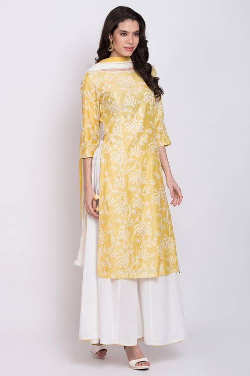 Yellow Cotton Straight Kurta Sharara Suit Set image number 3