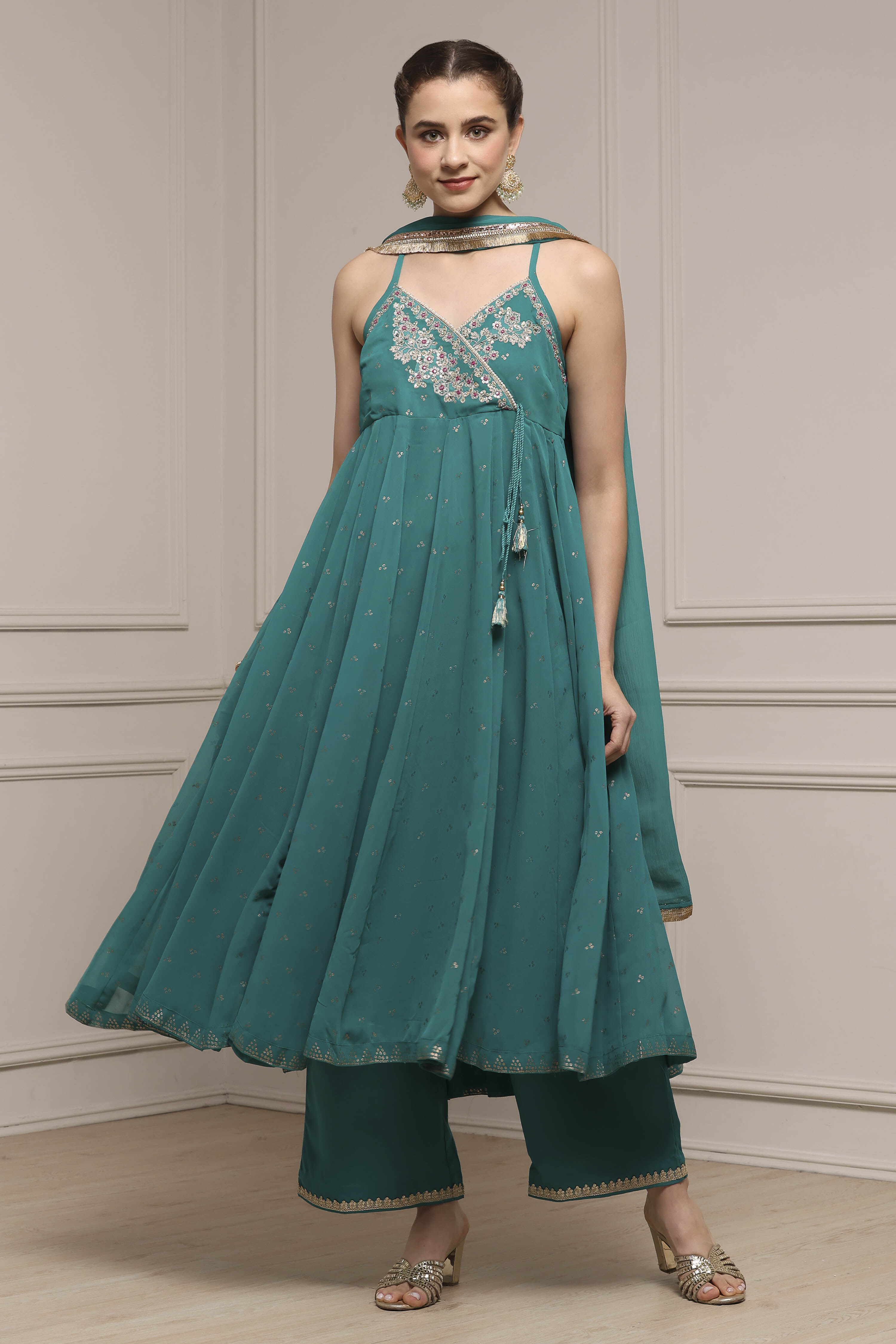 Emarlend Green Polyester Kalidar Printed Suit Set image number 6