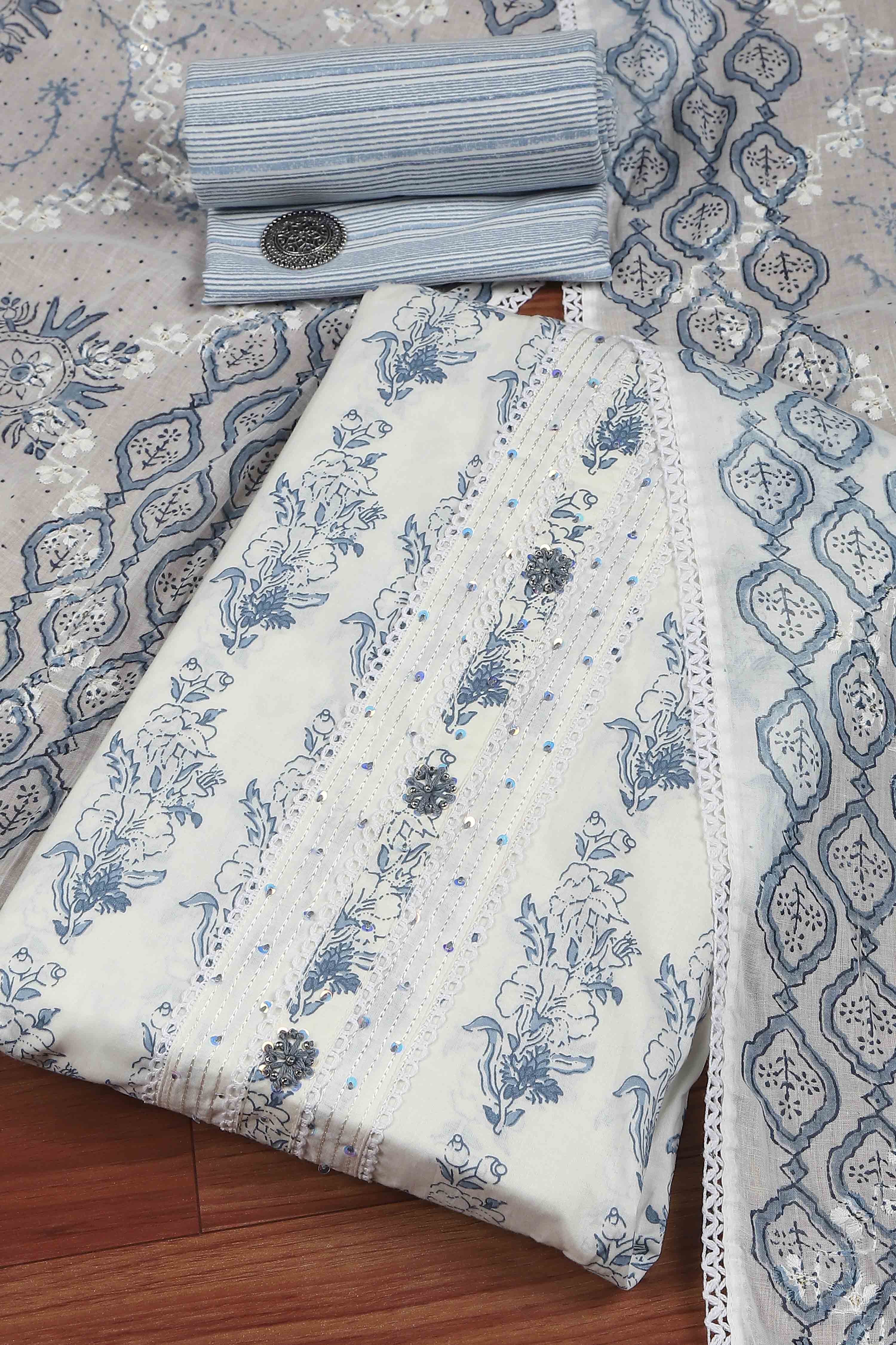 Blue Cotton Printed Embroidered Unstitched Suit Set image number 0