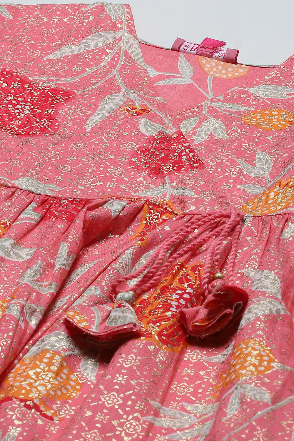 Pink Cotton Floral Printed Gathered Tiered Suit Set image number 1