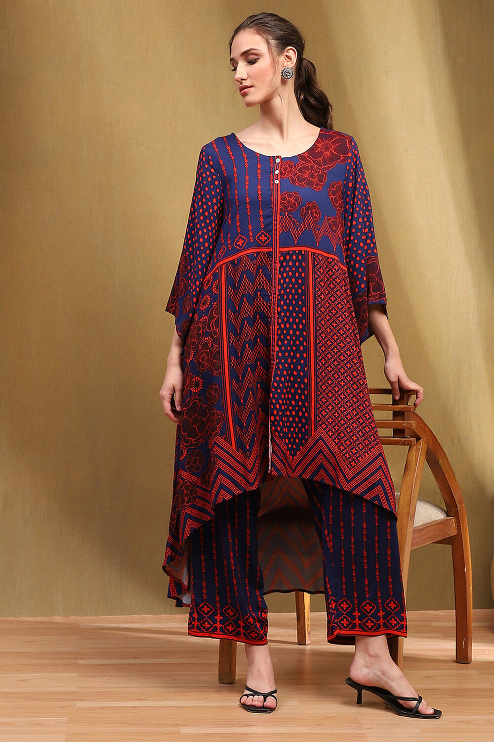 Blue Printed Asymmetric Kurta Set image number 0
