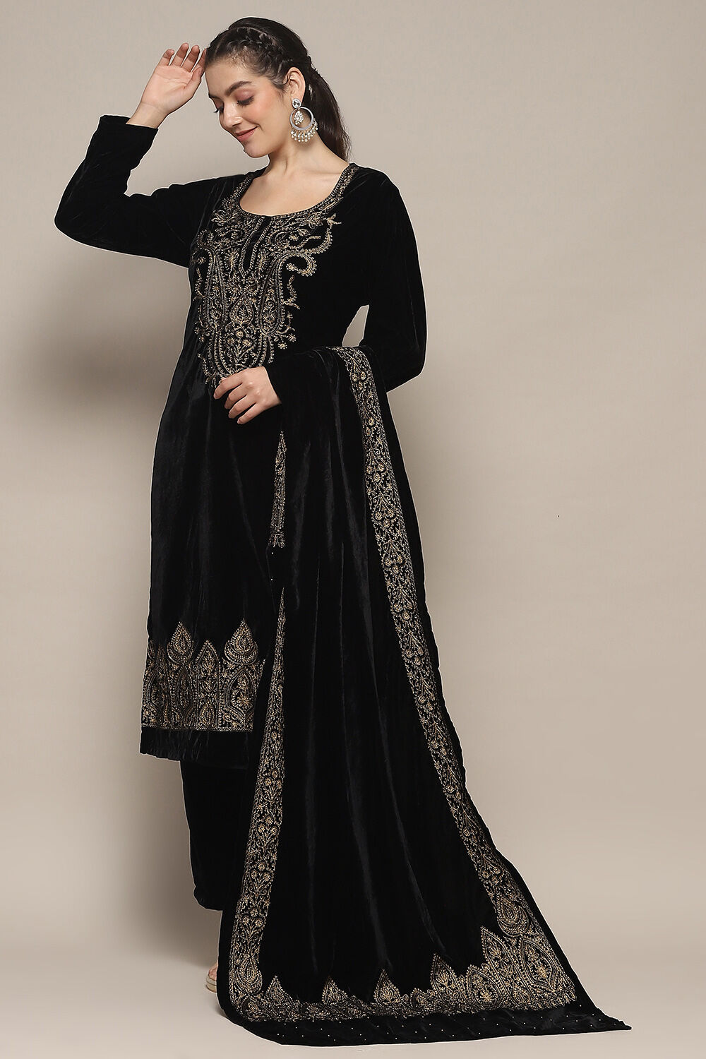 Black Polyester Straight Solid Kurta Pant Suit Set image number 0