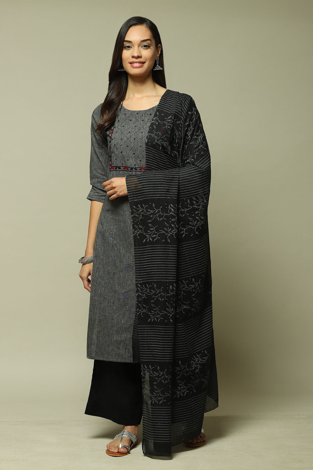 Dark Grey Cotton Machine Embroidered Unstitched Suit Set image number 6