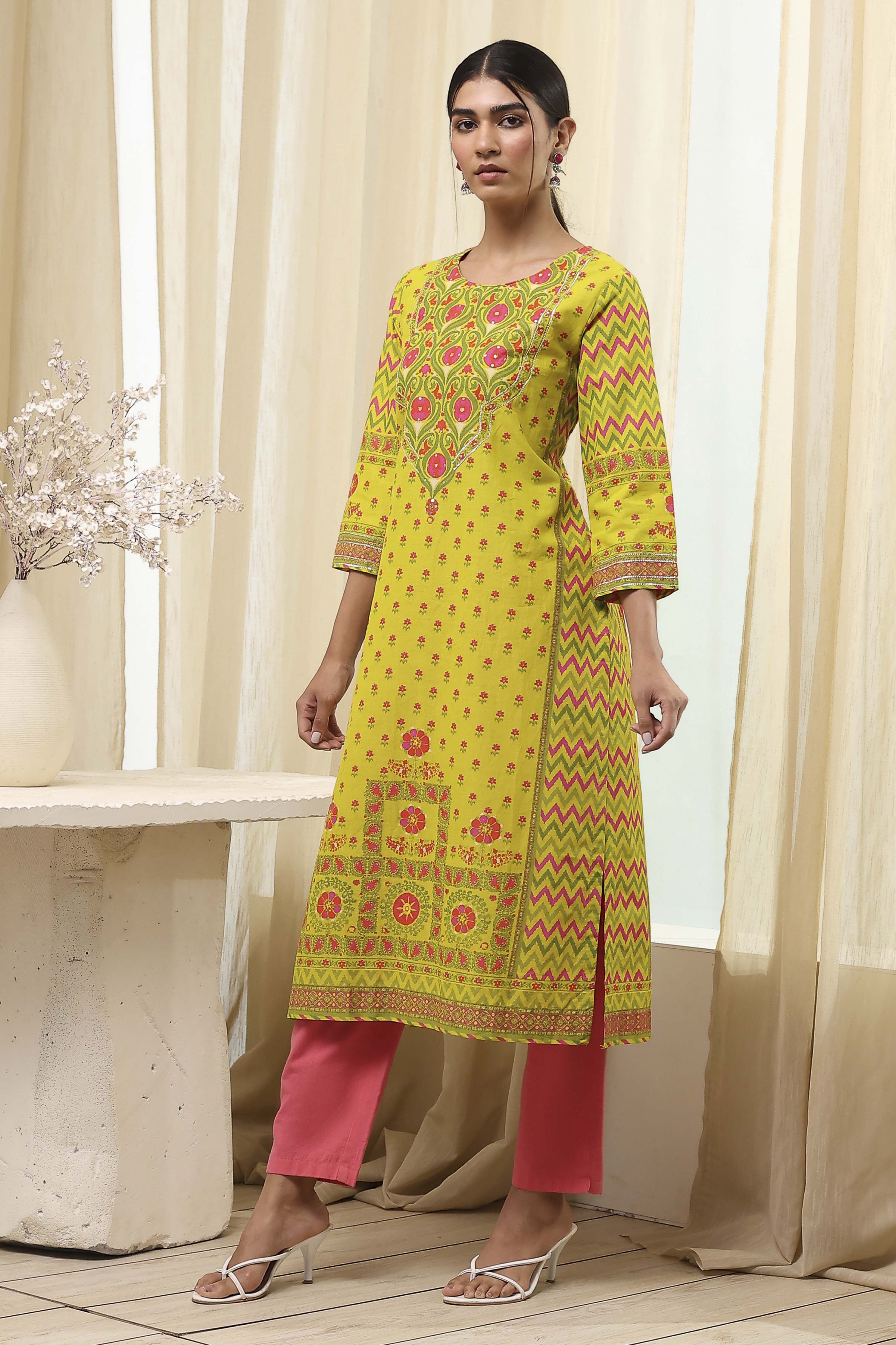 Green Cotton Printed Straight Kurta image number 2