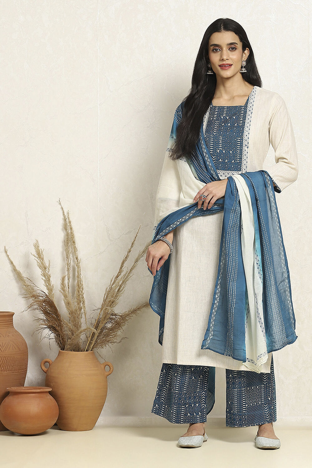 Off- White and Blue Cotton Printed Unstitched Suit Set image number 1