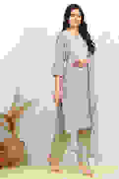 Grey Cotton Embroidered Unstitched Suit Set image number 6