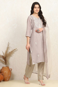 Grey Cotton Embroidered Unstitched Suit Set image number 6