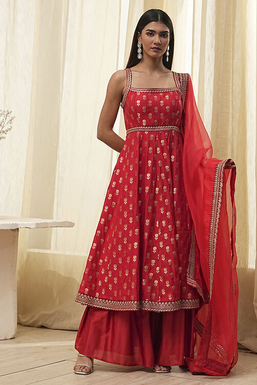 Red Yarn-Dyed Strappy Anarkali Suit Set image number 6