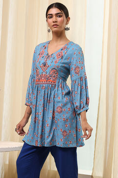 Dull Blue Printed Short Kurta image number 2