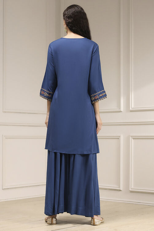 Navy Blue Embroidered Straight Suit Set image number 4