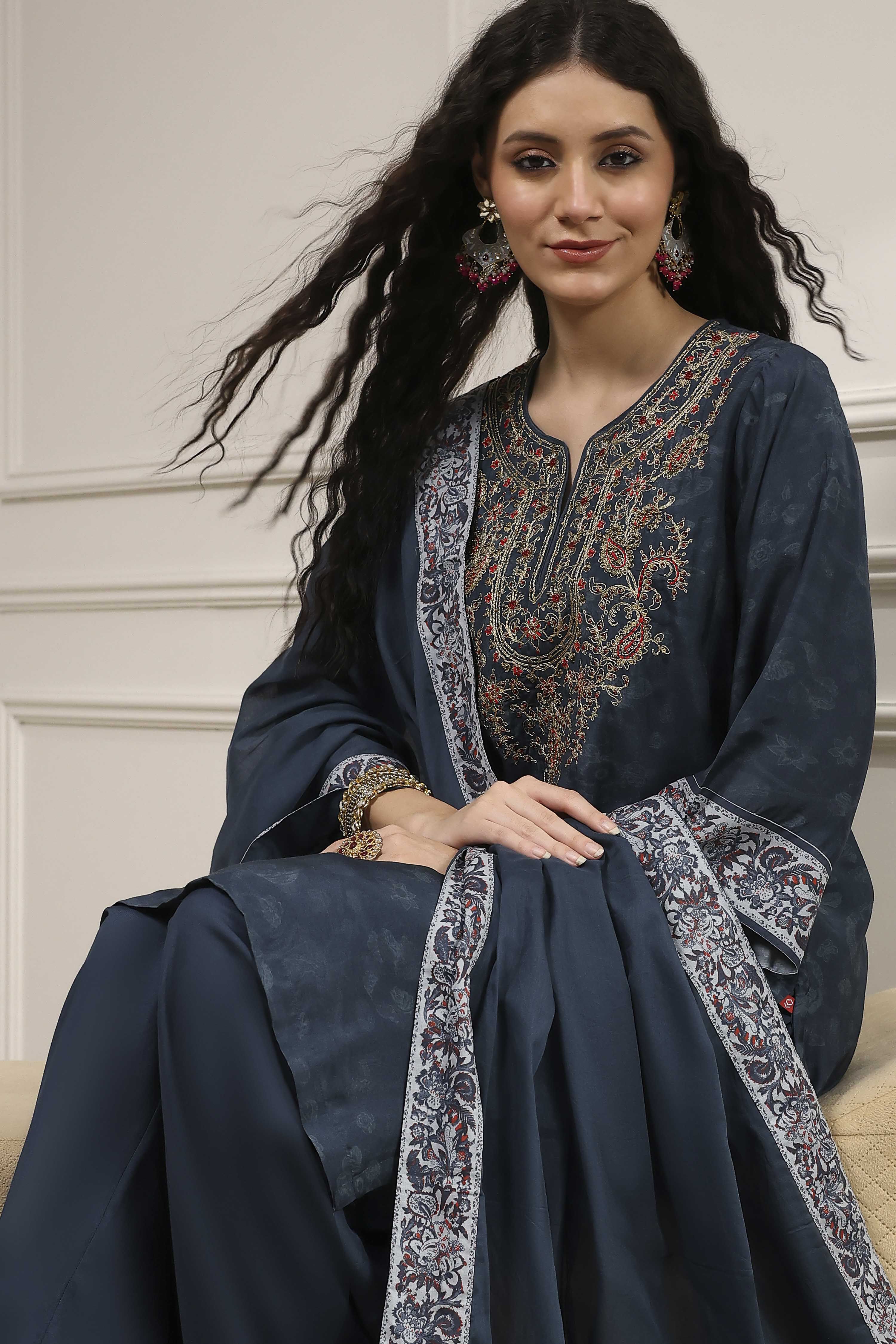 Teal Blue Printed Straight Suit Set image number 0