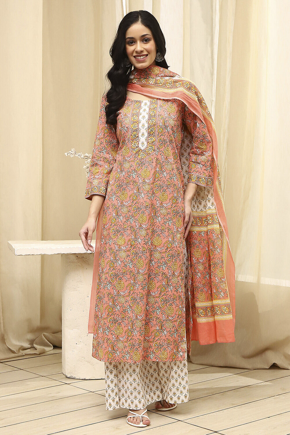 Peach and White Cotton Screen Print Unstitched Suit Set image number 7