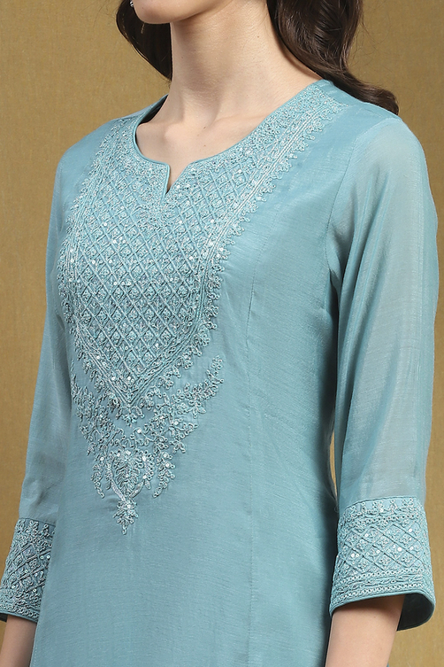 Turquoise Embroidered Festive Kalidar Suit Set image number 1