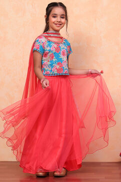 Blue and Pink Floral Festive Flared Lehenga Set image number 0