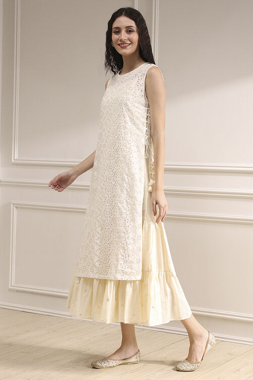 Off White Cotton Layered Suit Set image number 2