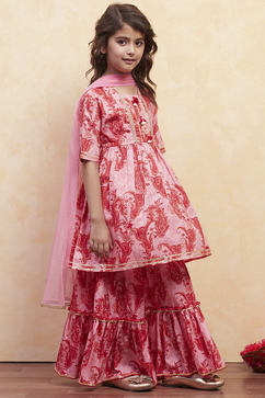 Pink Cotton Printed Gathered Suit Set image number 5