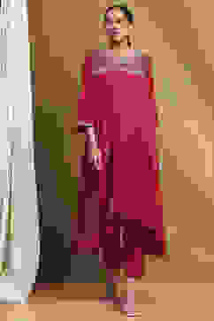 Red Modal Embroidered A-Line Kurta Set image number 6