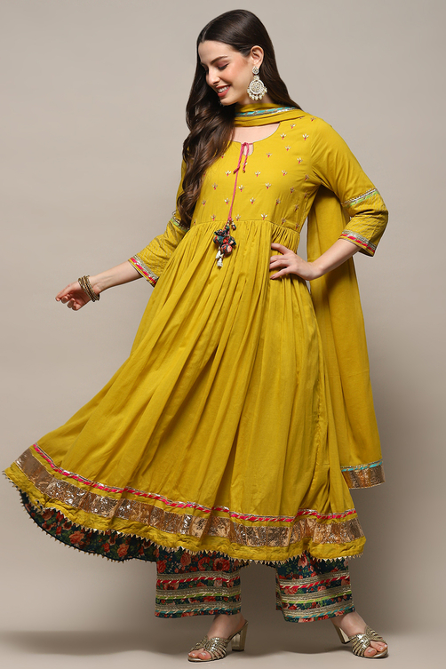 Lime Green Cambric Anarkali Kurta Palazzo Suit Set image number 0