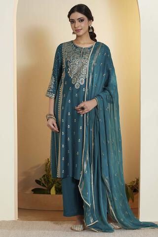 BIBA Viscose Blend Printed Straight Semi-Formal Kurta With Palazzo And Dupatta in Green
