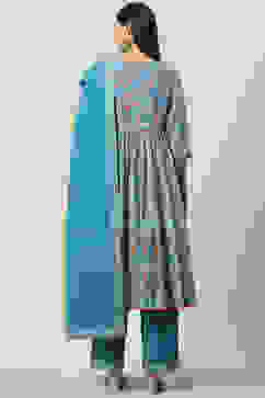 Turquoise Cotton Flared Kurta Palazzo Suit Set image number 4