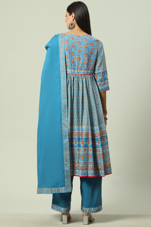 Turquoise Cotton Flared Kurta Palazzo Suit Set image number 4